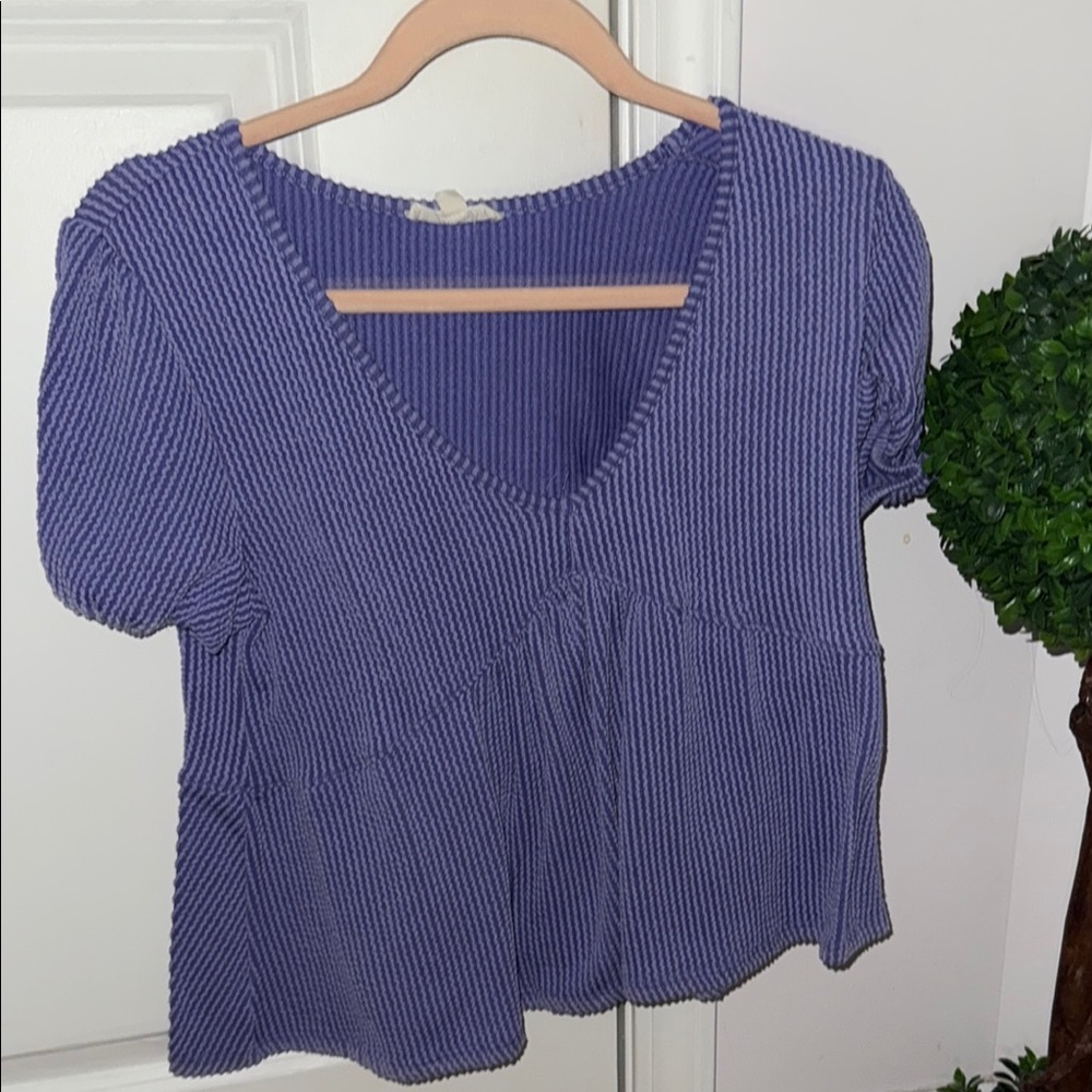 Moa Moa Purple Ribbed Short Sleeve V-Neck Blouse